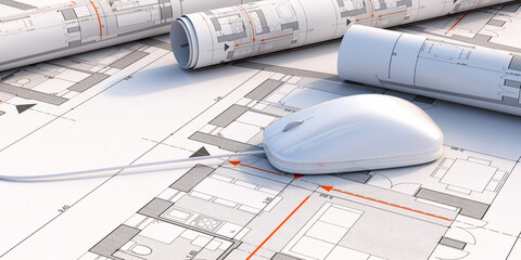 Computer mouse on blueprint plans background. 3d illustration