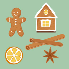 Cute gingerbread cookie set. Man, house, cinnamon, vanilla and orange. Delicious homemade cookies, Christmas Eve. Isolated vector