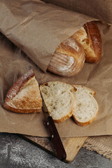Fresh homemade crisp bread, soft focus. French bread. Bread at leaven. Unleavened bread.
