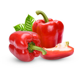 Fresh sweet pepper with leaves isolated on whith background