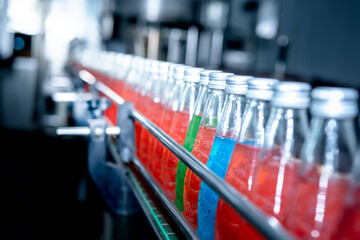 Blurred soft images of The glass bottles contain herbal drinks, Which contain Basil Seed, on the conveyor belt, which is a packaging process, to beverage production industry concept.