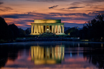 Evening Panorama of the Lincoln Memorial with the reflecting pool and dramatic clouds and light.