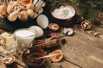  Ingredients for making a Christmas cupcake on the table