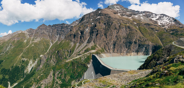 Panorama of the Grande Dixence dam and surrounding mountains, Switzerland.