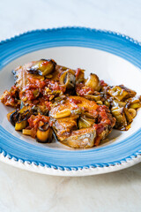 Bonito Fish Pieces with Tomato Sauce and Leek in Plate Baked in Oven / Fish Casserole.