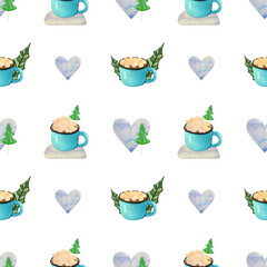 Watercolor seamless pattern with cocoa with marshmallows and blue hearts on a white background. Christmas sweets print.
