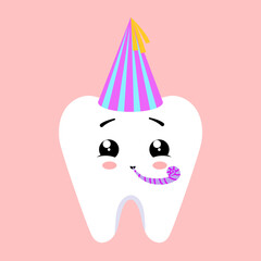 Cute kawaii cartoon tooth with party hat and pipe. Vector illustration