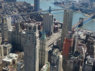 Panoramic High Angle view landscape of New York downtown and brooklyn cityscape of Brooklyn bridge Manhattan bridge and Williamsburg bridge in New York City, New York State NY, USA