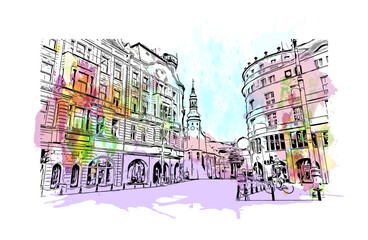 Building view with landmark of Bydgoszcz is a city in northern Poland. Watercolour splash with hand drawn sketch illustration in vector. - obrazy, fototapety, plakaty
