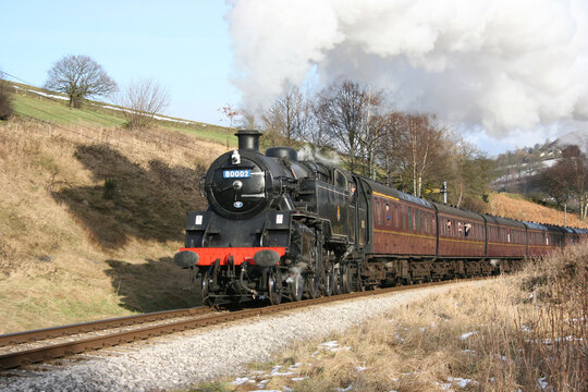 Steam Locomotive 80002 At Oakworth Bank On The Keighley And Worth Valley Railway, West Yorkshire, UK - February 2009