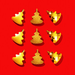 Metallic golden colored Christmas tree toys. Minimal New Year and Christmas greeting card or invitation.