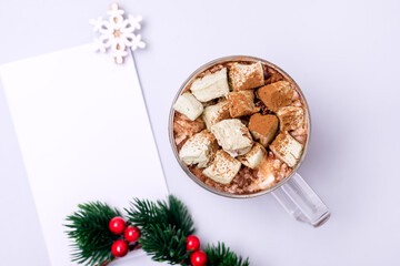 Holiday Christmas Mock Up With White Form Christmas Wreath Fake Snow and Cup of Cocoa with Marshmallow Flake Holiday Card Vertical Top View Place for Text