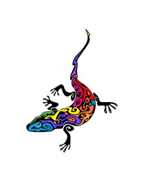 Black vintage gecko tattoo with colorful ethno print isolated on white background