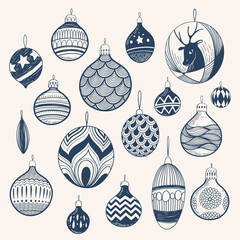 Decorative Christmas Balls with Hand Drawn Ornament Vector Set