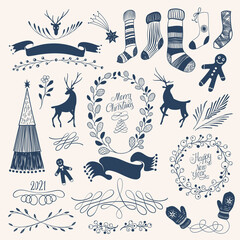 Cute Christmas Illustrations and Ornamental Vignette Vector Set in Scandinavian Style