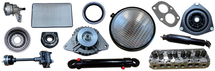 Auto spare parts car on the white background. Set with many isolated items for shop or aftermarket.