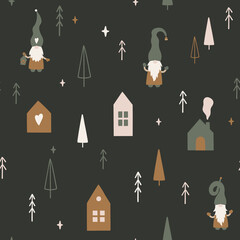 Christmas time seamless pattern in scandinavian style. Cute scandinavian houses and Tomte gnomes. Vector illustration for winter season.