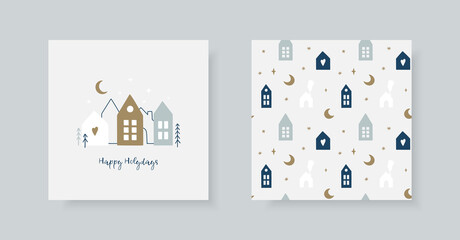 Set of hand Christmas greeting card and winter pattern in scandinavian style. Cute scandinavian houses and Christmas tree . Vector illustration for winter season. - 394399561