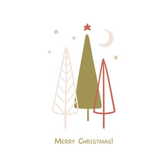 Merry Christmas and Happy New Year hand drawn card. Cute hand drawn Christmas trees. Vector illustration.