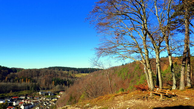 Aussichtsplatz am Traufgang der schw&auml;bischen Alb bei  Albstadt mit Bank und Buchen vor blauem Himmel
