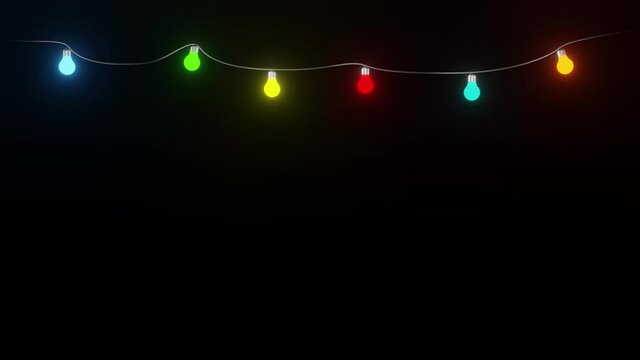 Colorful light string with flashing light bulbs. 3d rendering party, Christmas or new year background animation