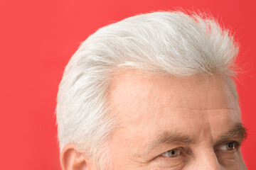 Senior man with grey hair on color background, closeup