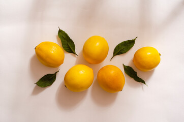 Composition of lemon and leaves. Fresh, juicy lemon. Flat lay. Food concept. Lemon on white background. Top view. Copy space.