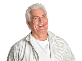 Happy senior man on white background