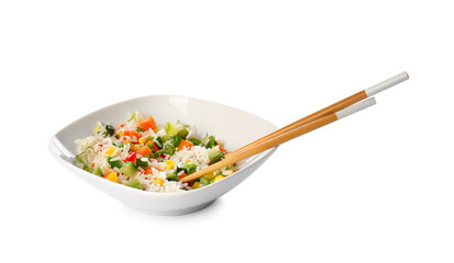 Plate of delicious rice salad with vegetables on white background