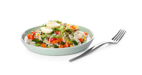 Plate of delicious rice salad with vegetables on white background