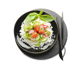 Plate of delicious rice salad with vegetables on white background