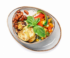 Plate of delicious rice salad with vegetables on white background