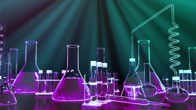 Test tubes and other lab glassware scroll seamless loop on colorful background with spot rays effect, modern makeup or perfume industry concept - 60FPS 4K UHD 3D loopable animation
