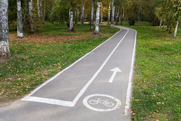Obraz premium Empty asphalted bike path with an icon and arrow in a public city park turns into a forest.