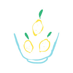 Hand drawn lemons in the bowl illustration. Sketchy digital drawing. Brush pen line art. Minimalist food illustration on the white background