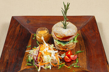Veggie Burger Salad Wooden Plate