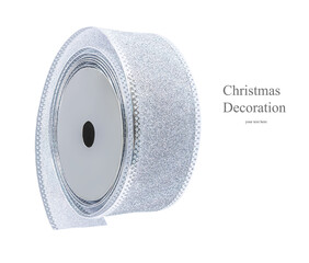 Christmas decoration - Silver rolled silk ribbon isolated on white background. Close-up