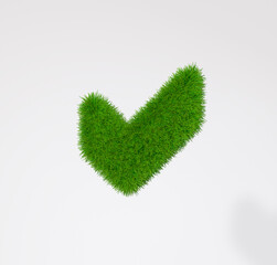 Check mark sign made of grass on a white background. 3d rendering