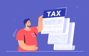 Big tax form or annual notification of monthly duty and debt. Flat vector illustration of cute man standing near a big tax form and pointing to the summary amount before doing payment