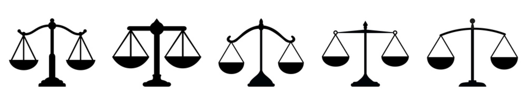Weight scale sign set. Scales of justice simple isolated logo symbol. Collection of vintage justice scales in balance and equilibrium &ndash; stock vector