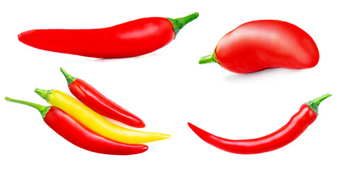 Red  and yellow chili peppers isolated on a white background. Fresh colorful  peppers close up.