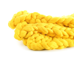 Yellow knitted plaid on white background