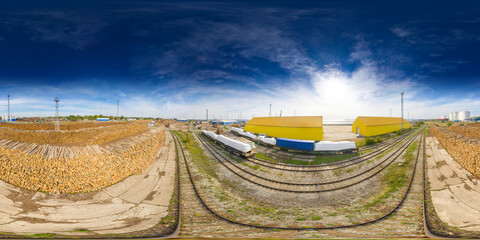 An aerial drone view of the industrial port of Paldiski in the Baltic Sea, Estonia. 360 degrees panorama