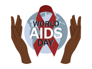 World AIDS day. Hands hold our planet with red ribbon. Disease prevention template for awareness campaign. HIV, AIDS. Vector illustration in flat style.