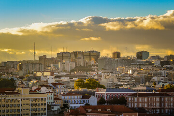 View of the city of Lisbon from the surrounding hills, Portugal. 