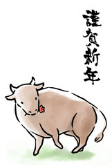 年賀状テンプレート_令和三年花をくわえた丑