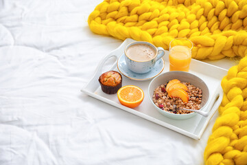 Tray with tasty breakfast on bed