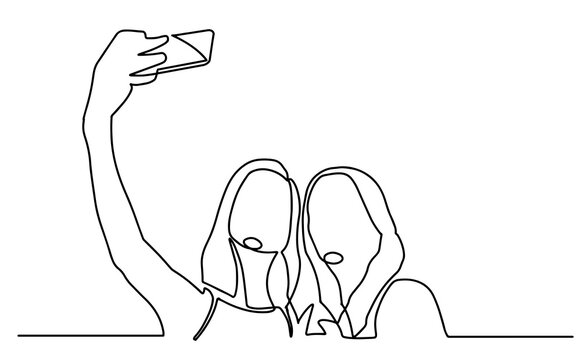 Continuous One Line Drawing of Selfie lgbt lover couple. Two friends holding smartphone, making selfie photo with smile and happiness vector illustration. Outline, thin line art, hand drawn sketch