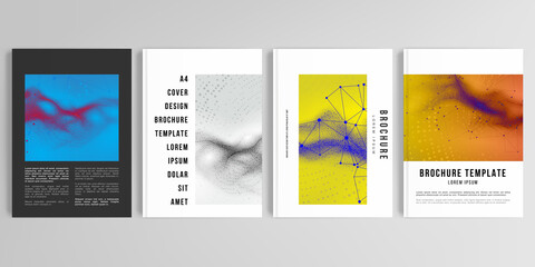 Naklejka premium Realistic vector layouts of cover mockup templates in A4 for brochure, cover design, flyer, book design, poster. Colorful wavy particle surface background for technology or science cyber space concept