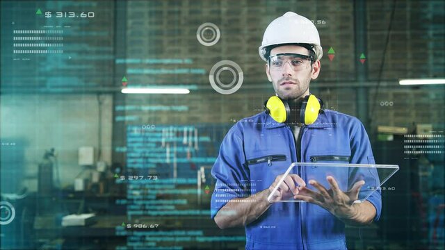 Engineer smart factory machine augmented reality digital technology futuristic, industry artificial intelligence technology app system production control